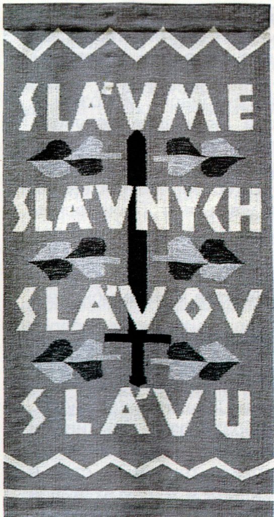 Mikuláš Klimčák - Slávme slávnych Slávov slávu 1974 (gobelín, 155x300)